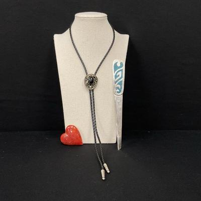 Silver Letter Opener, Bolo Tie And Stone Heart