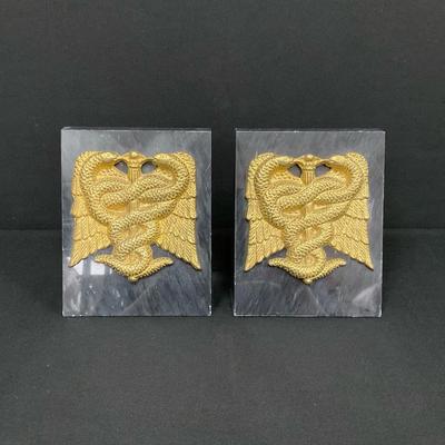 Vintage Marble Bookends With Brass Caduceus