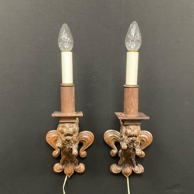 Pair Of Wooden Lion Sconces