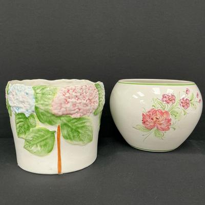 Vintage Pink And Blue Hydrangea Planter And Friend