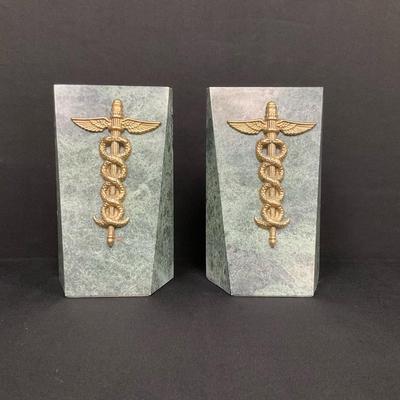 Green Marble Book Ends With Brass Caduceus
