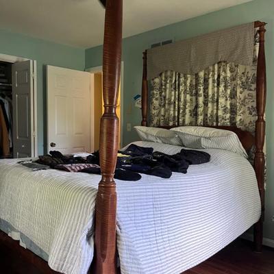 Antique tiger maple poster bed with custom Williamsburg fabric (matching drapes available)