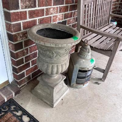 Two lanterns, two concrete planters 