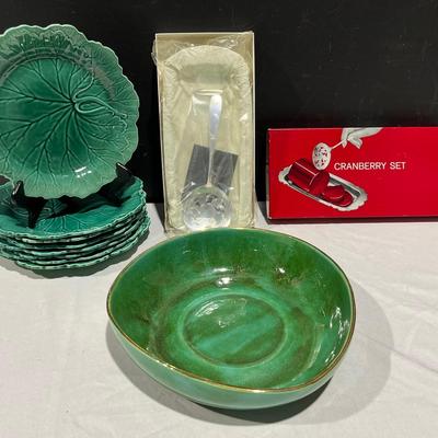 1950’s Wedgewood Majolica Leaf Plates, International Silver Cranberry Set and More
