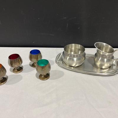 Pewter Selandia Norway Cream & Sugar Set And Gorham Sterling Enamel Cordial Mini Goblets