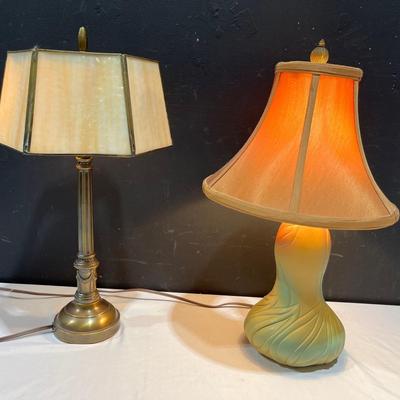 Mid Century Hexagonal Slag Stained Glass Lamp + Art Nuevo Lamp 