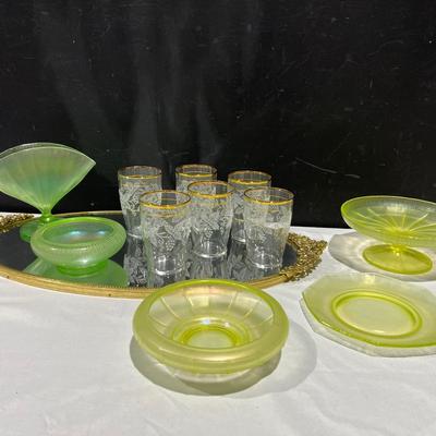 Vintage Iridescent Stretch Green & Yellow Dishes, Bartlett Collins Glass Tumblers, and Mirror Tray