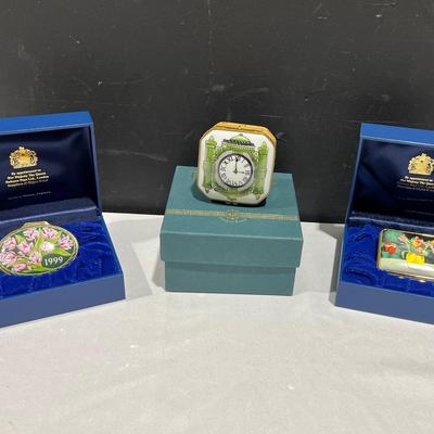 Rochard Marshall Fields Clock Limoge Trinket Box Plus Halcyon Days Enamels Boxes