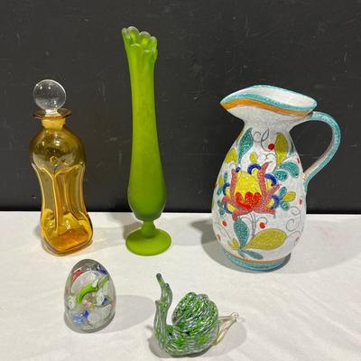 Venetian Glass Egg Paperweight, Royal Italy Millefiori Snail, Amber Decanter, and More