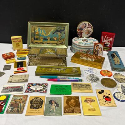 Vintage Mirror And Tins Collection Including Beautebox Canco, Wallace Pencil Tims