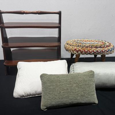 Vintage Three Tier Shelf With Upholstered Footstool, And Three Pillows