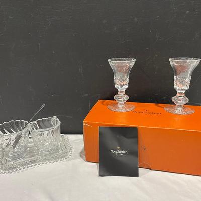 Vintage Fostoria Colony Sugar & Creamer Set + NovaScotian Crystal Candleholders