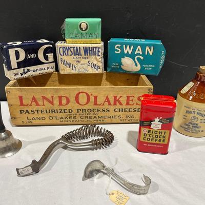 1940’s Bar Soaps, Land O’Lakes Cheese Box, McCormick Whiskey Jug, Coffee Bank, Cream Top Spoon +