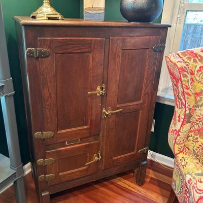 HUDSON brass and wood icebox. Converted for storage. Oxidized metal interior. 