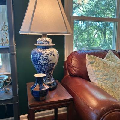 Pair of these vintage blue and white porcelain lamps. 