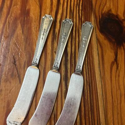 Gorham Sterling silver set of 3 butter knives. Monogrammed JDW. 