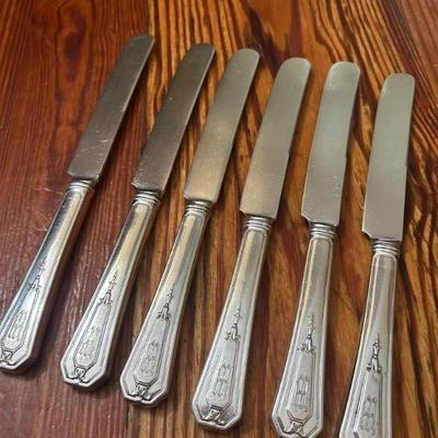 Set of 6 RW&S sterling silver handle and plated blade butter knives. Engraved W. 