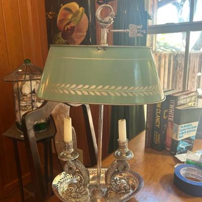 Gorgeous silver plated? Dolphin bouillotte lamp with paint adjustable shade. 