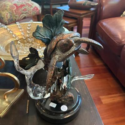 Lucite & bronze? Signed. Marble base. 