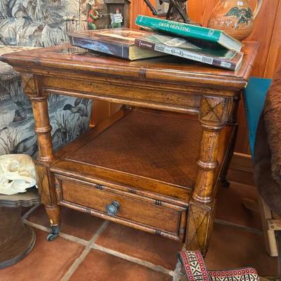Vintage pair of faux bamboo and stone insert side tables. Made by Benchcraft. 