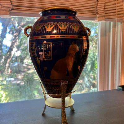 24K hand decorated Golden Vase of Bast on brass pedestal. 