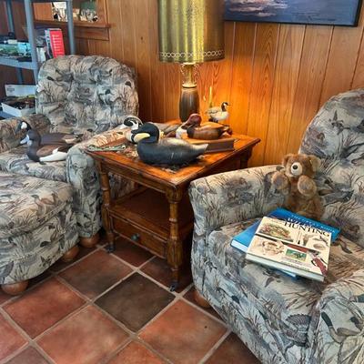 Pair of upholstered duck chairs. Tufted backs. 