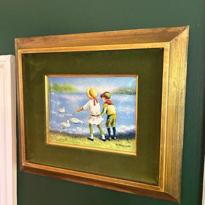 Original signed enamel. Lovely velvet trim on frame. 