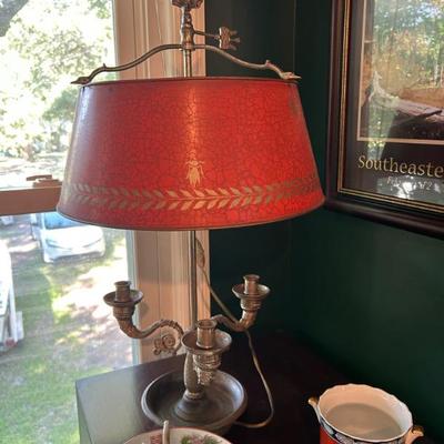 Gorgeous 3 candle bouillotte lamp with adjustable metal tole crackle finish shade.  