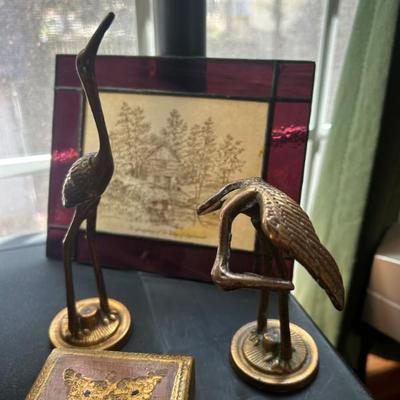 Small solid brass cranes. Pair. 