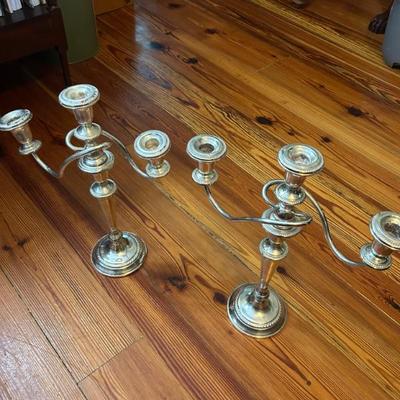 Pair of sterling silver 3 arms candelabras. One on left has one loose arm. Can be fixed easily by jeweler or silversmith. 