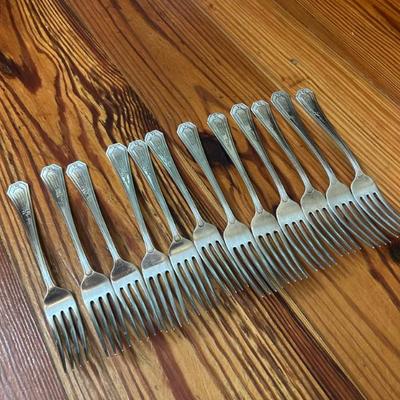 Set of 12 sterling silver RW&S dinner forks. Engraved W. 