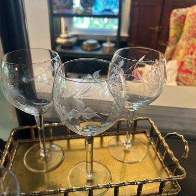 Set of three crystal wine stems. Brass faux bamboo TRAY SOLD 