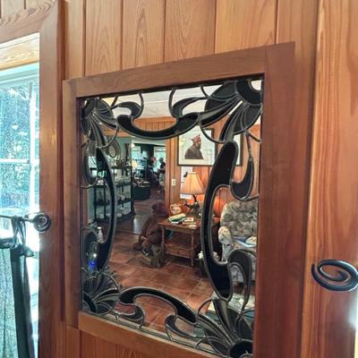 Vintage stain glass Art Nouveau wooden framed mirror. 