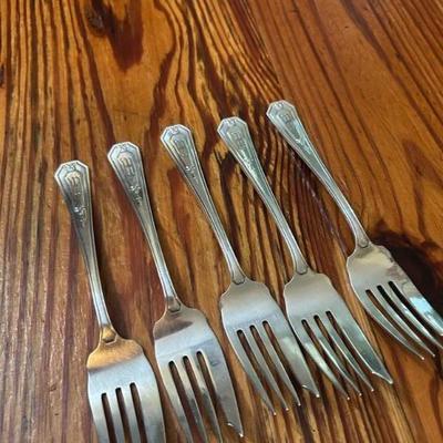 Set of 5 sterling silver RW&S dessert or salad forks. Engraved W. 