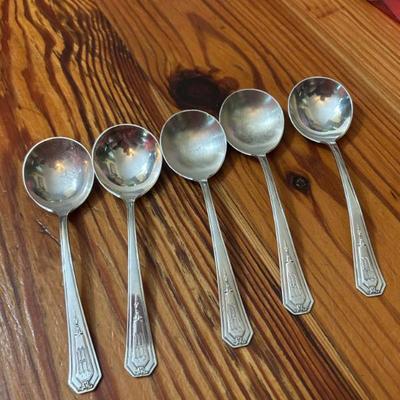 Set of 5 sterling silver RW&S soup spoons. Engraved W.