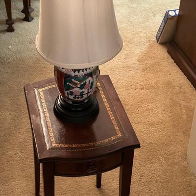 Antique Side Table and Porcelain Table Lamp 