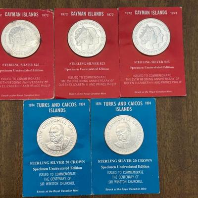 1972 Cayman Islands $25 Silver Coin / 1974 Turks & Caicos SIlver 20 Crown Coin 