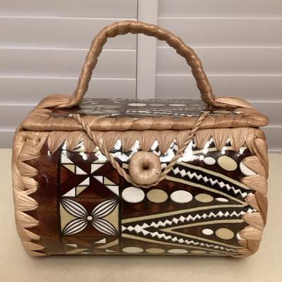 CMS019 Hawaiian Style Tapa Print Barkcloth Bag With Natural Fiber Trim