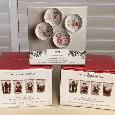 CMS101 Christmas Williams Sonoma Drinking Glasses & Pier 1 Appetizer Plates New