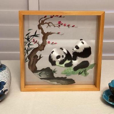 CMS035 Chinese Embroidered Panda Picture, Cloisonné Ginger Jar & Enameled Metal Teacup & Saucer