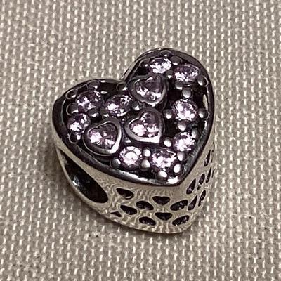 CMS069 Sterling Silver Heart Charm With Pink Gem Like Stones New