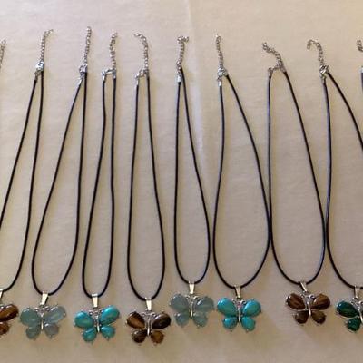 CMS095 Ten Polished Stone Butterfly Pendants With Ten Black Cord Necklaces New