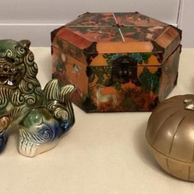 CMS113 Ceramic Foo Dogs, Cloisonné Bowl, Brass Pumpkin & Lacquered Jewelry Box 