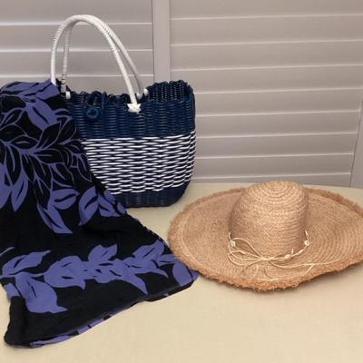 CMS020 Women’s Woven Sun Hat, Pareo & Blue/White Beach Bag Tote