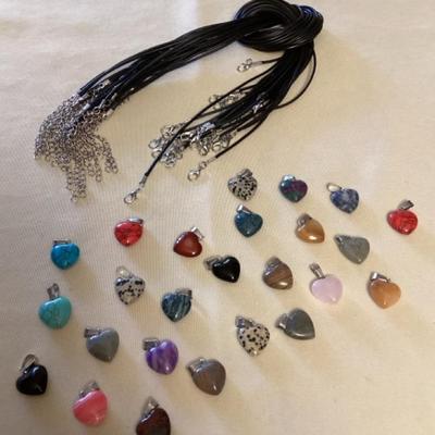 CMS094 Twenty-Five Heart Shaped Polished Stone Pendants With Black Cord Necklaces New