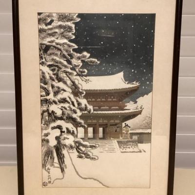 CMS125 Framed Woodblock Print Ninnaji Temple Gate In Snow By Nisaburo Ito