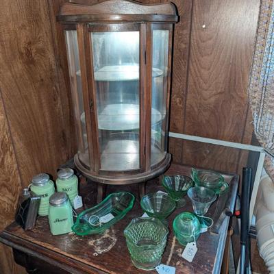 Sale Photo Thumbnail #16: Uranium glass, Jadeite, and a curved display cabinet 