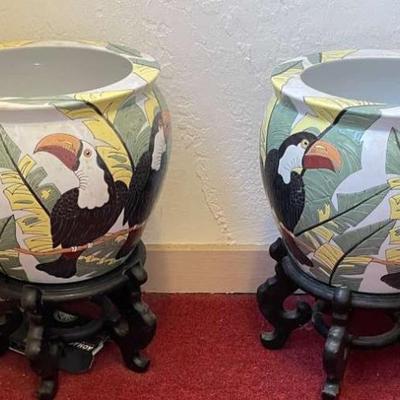 AAA195 - Pair of Glazed Pottery Planters with Wood Stands - Toucan Motif