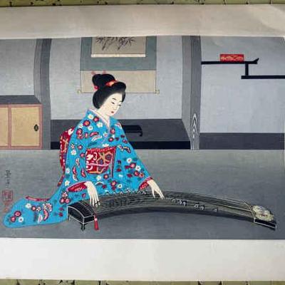 AAA096 Keiko Yurimoto "Woman Playing Koto" Woodblock Print