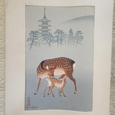 AAA099 - Koyo Omura "Deer and Fawn" First Edition Woodblock Print
